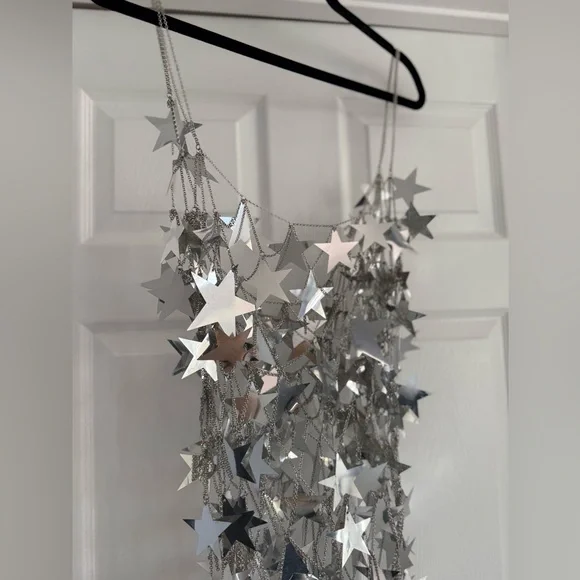 Silver Star Chainmail Mini Dress Festival Rave Metallic Party OS - Picture 5 of 9